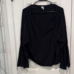 We The Free Black Waffle V-Neck Blouse